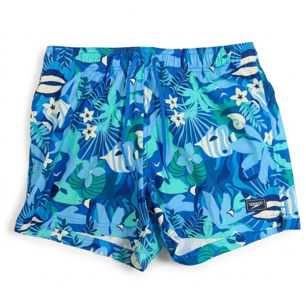 Speedo Mens Swim Trunks Medium Blue Tropical Fish Print Drawstring Beach Shorts
